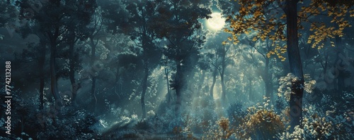 Moonlight filters through a forest creating a pattern of shadows and light © WARIT_S