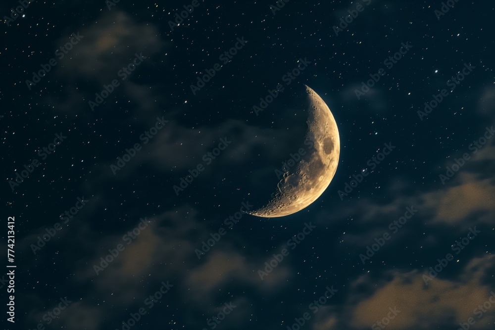 A serene night sky with a luminous crescent moon surrounded by glittering stars and soft clouds. - obrazy, fototapety, plakaty 