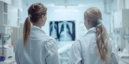 Female doctors examining Xray in hospital showcasing medical expertise and technology in healthcare. Concept Healthcare Technology, Medical Expertise, Hospital Setting, Female Doctors