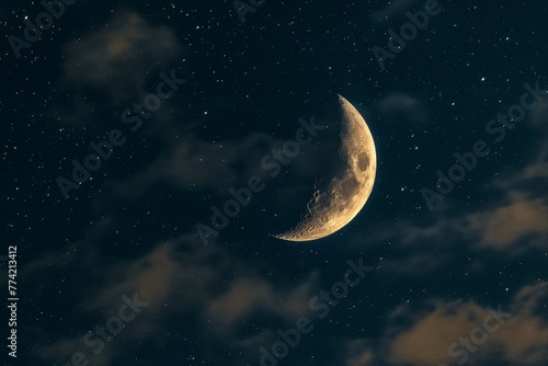 A serene night sky with a luminous crescent moon surrounded by glittering stars and soft clouds. © cherezoff