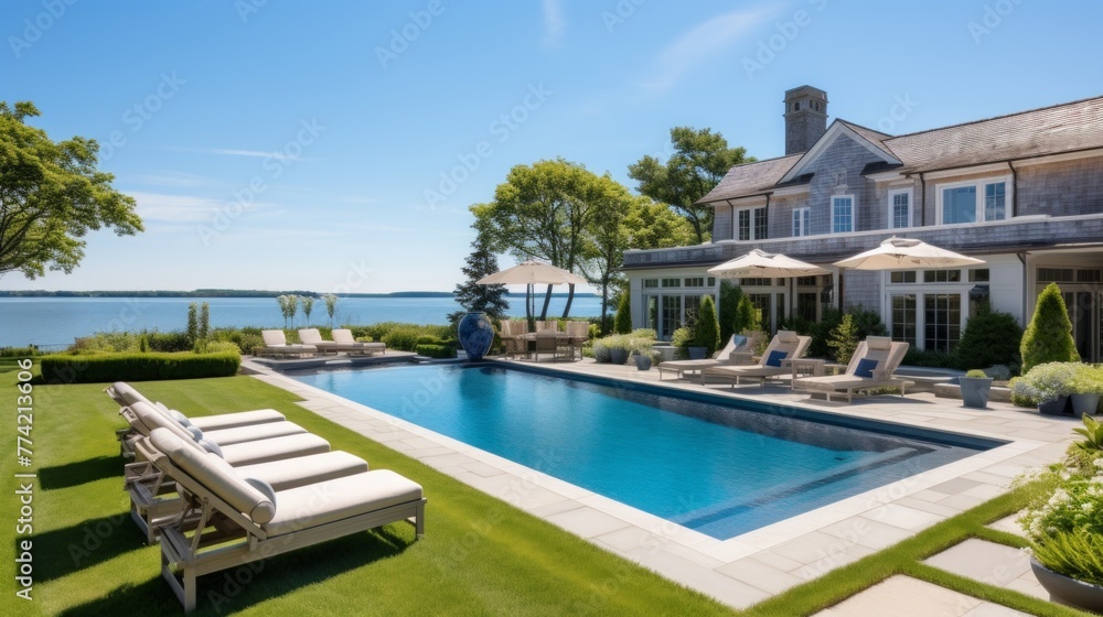 Mediterranean inspired villa with a sprawling garden and a private beach access in the exclusive Hamptons, New York