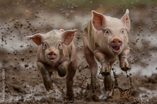 Two pigs are running through mud and water © Moon Story