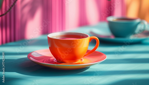 Orange cup of tea with saucer on a blue table with pink background  concept for the International Tea Day