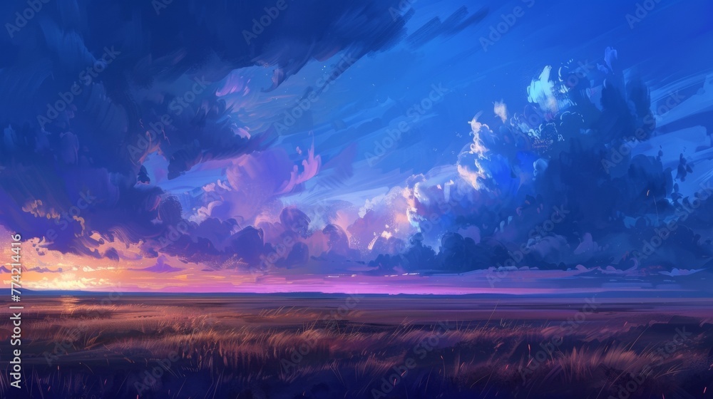 Panoramic view of a vast plain under a sky lit by the ethereal glow of twilight.