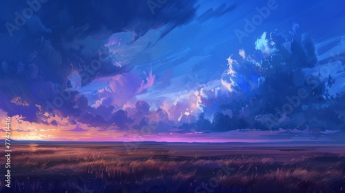 Panoramic view of a vast plain under a sky lit by the ethereal glow of twilight. © WARIT_S