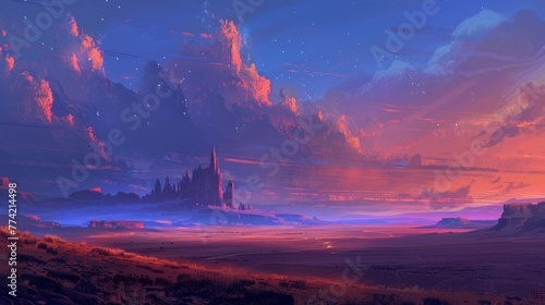 Panoramic view of a vast plain under a sky lit by the ethereal glow of twilight. photo