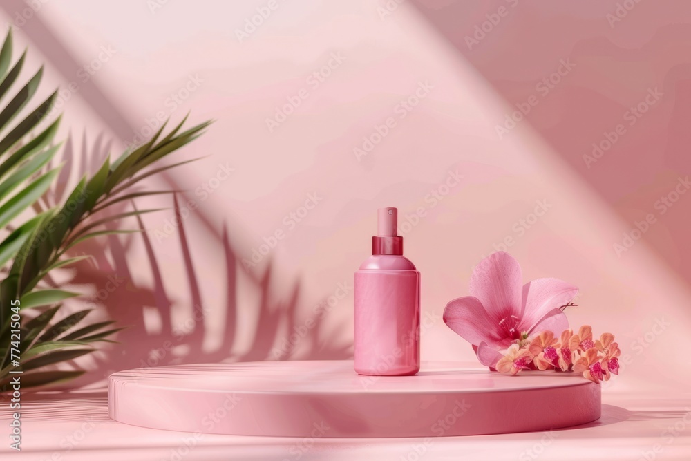 Cosmetics package mock up on a pink background. AI generative
