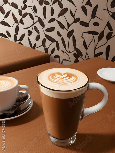 Cup of coffee on table with modern wallpaper. Cafe coffee in lifestyle and relaxing.
