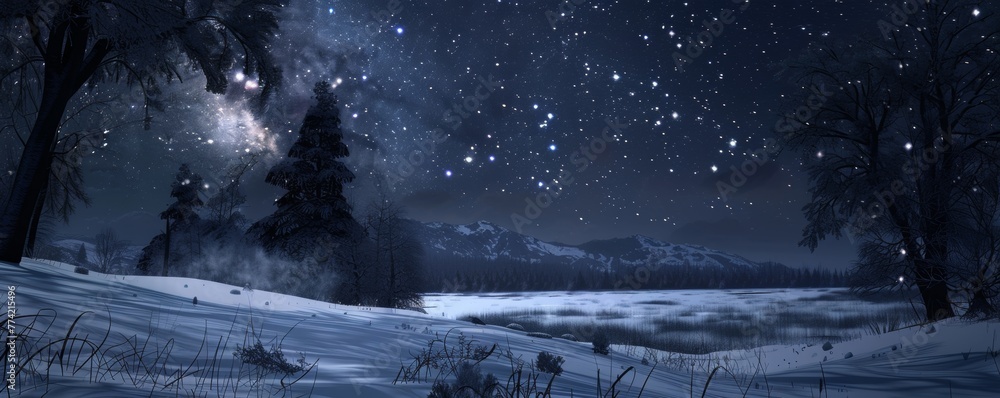 Silent vigil of stars over an undisturbed snowy landscape - obrazy, fototapety, plakaty 