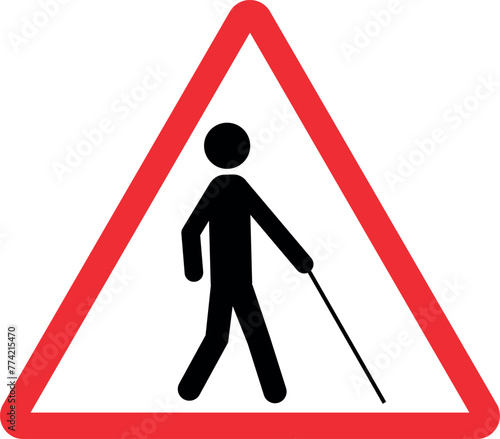 Blind person road crossing warning sign. Red triangle background. Traffic signs and symbols.