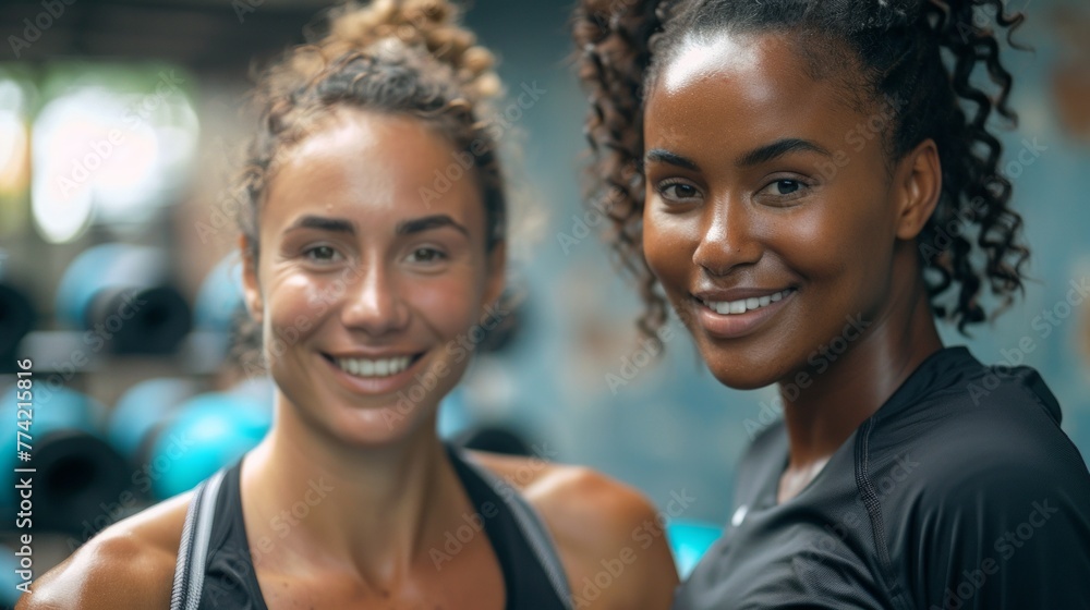 Two diverse young female friends in sportswear laughing together while standing in a gym after a workout Two diverse young female friends in sportswear laughing together while standing in a gym after a workout