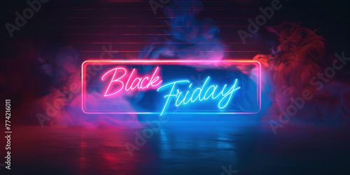 A neon sign with "Black Friday" ahead on a wall, fog