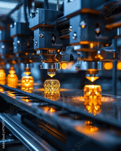 A scene featuring a row of sleek, metallic 3D printer devices in a high-tech lab, each one busy at work creating intricate three dimensional objects layer by layer from digital files