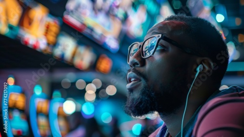 Portrait of an African American man with glasses playing a video game at night