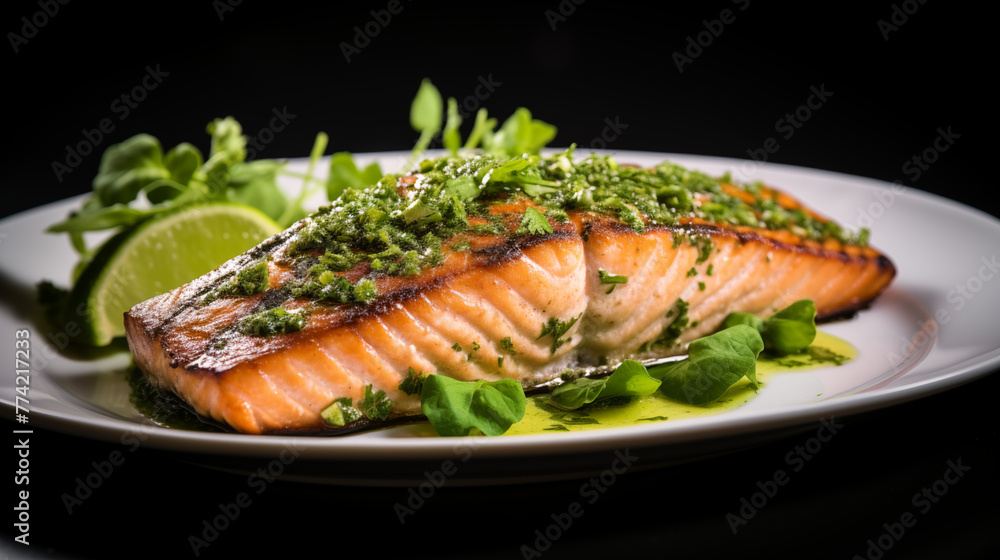Pavé de saumon cuit, avec des rondelles de citron, de la coriandre et des aromates. Nourriture, poisson, plat. Pour conception et création graphique. Pavé de saumon cuit, avec des rondelles de citron, de la coriandre et des aromates. Nourriture, poisson, plat. Pour conception et création graphique.