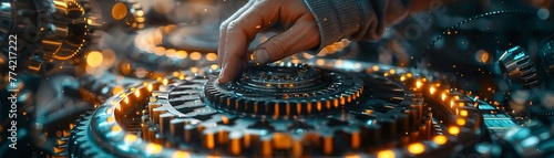 A person meticulously adjusts the intricate gears and levers of a complex machine, symbolizing the refinement and precision of optimization processes