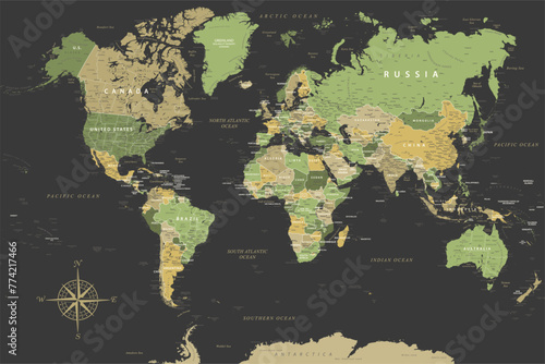 World Map - Highly Detailed Vector Map of the World. Ideally for the Print Posters. Green Yellow Black Colors
