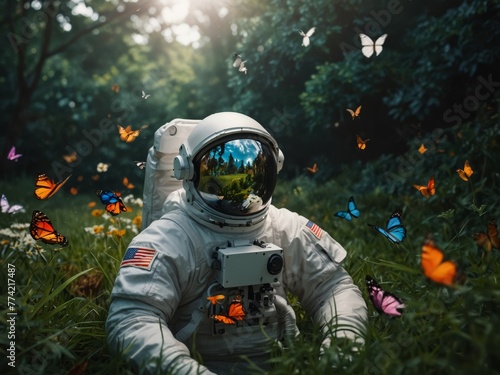Astronaute en mode détente dans l'herbe entouré de papillons photo
