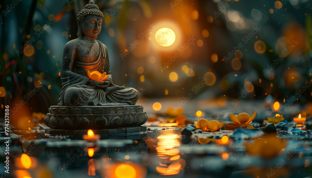 Serene Buddha statue with glowing candles and petals during vesak, the day of the full moon