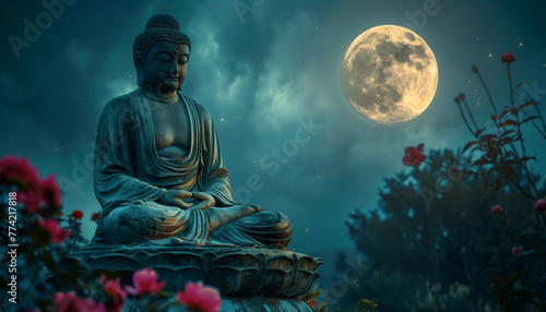Serene buddha statue in meditation under the glow of the vesak full moon with flowers in the foreground, concept for the Vesak, the Day of the Full Moon