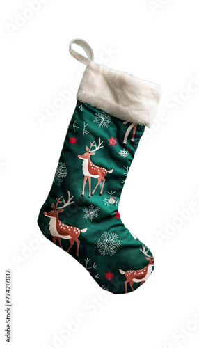 Christmas stocking with reindeer on a light, transparent background. Christmas element.