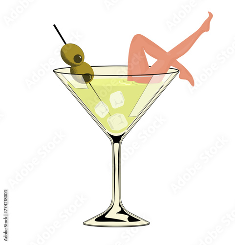 Summer vacation concept retro illustration with summer cocktail glass. Illustration of young elegant woman lying in martini glass.