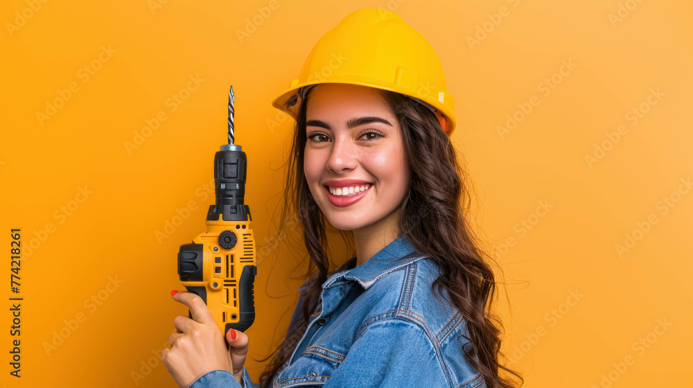 Happy Latin Female Handywoman In DIY Outfit With Drill