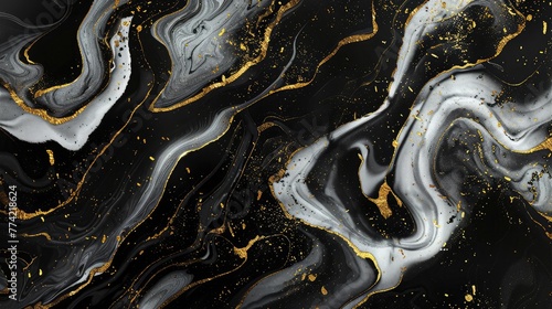 Abstract background, digital marbling illustration, black and white marble with golden veins, fake painted artificial stone texture, marbled surface
