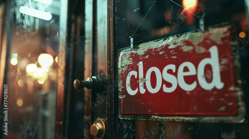 A weathered closed sign hangs on a glass door, reflecting the warm lights of the city at night.