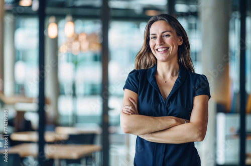 femme d'affaires en tenue bleu souriante posant debout bras croisés dans les locaux de son entreprise, arrière plan flou photo