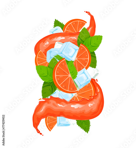 Grapefruit juicy drink splash with flat style juice wave, ice cubes, lime and mint leaves. Vector illustration