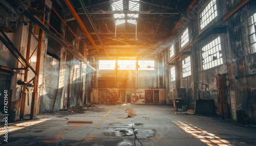 A large  empty warehouse with a lot of rust and graffiti on the walls by AI generated image