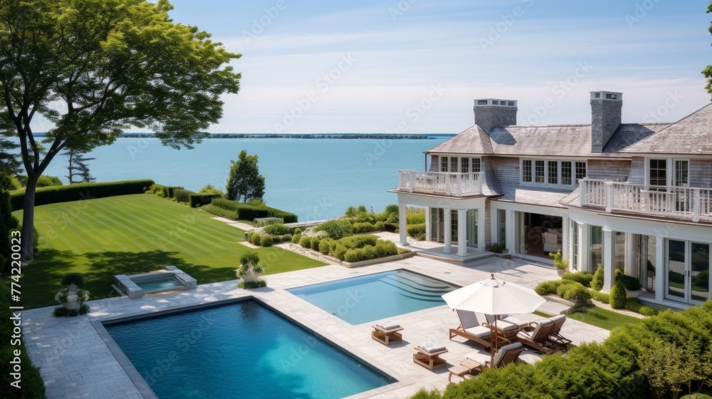 Mediterranean inspired villa with a sprawling garden and a private beach access in the exclusive Hamptons, New York