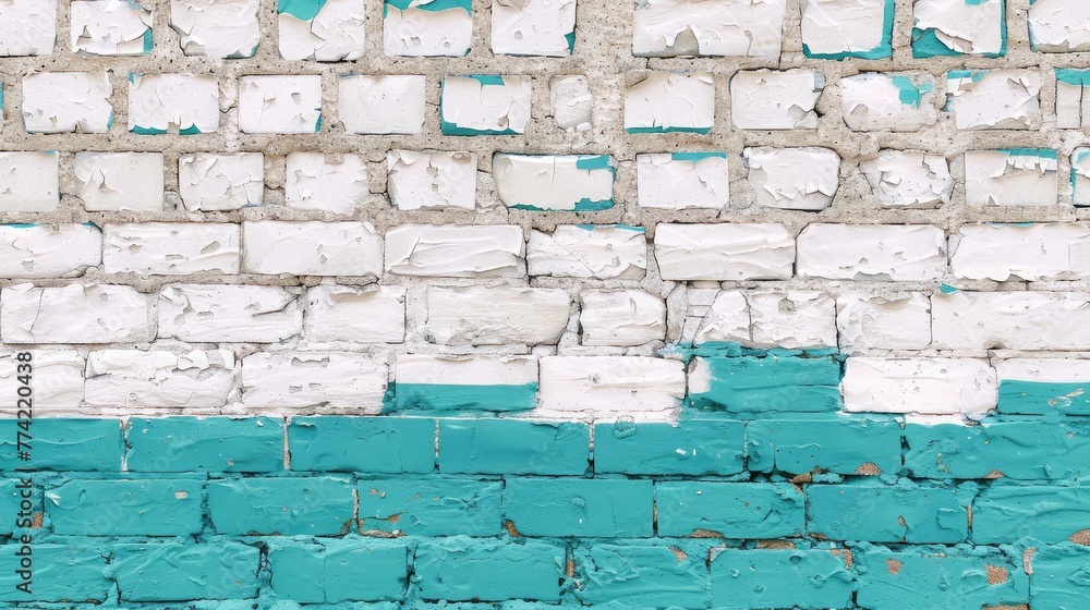 Fototapeta premium A brick wall painted abstract with white and turquoise paint. Unusual background, texture