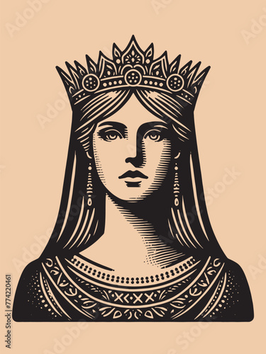 Beautiful young ancient Slavic queen. Engraving portrait, illustration, emblem. Isolated object, print