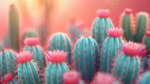 Close-up of a pink cactus flower in bloom with a soft-focus pastel-colored background.. photo