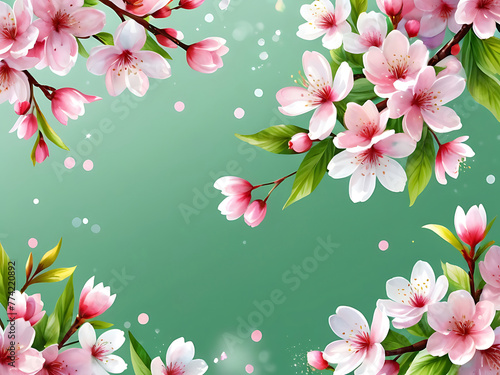 Spring greeting fresh blooming flower, leaves watercolor cherry blossom, holiday season wedding celebration design. floral frame, spring background banner. ai 