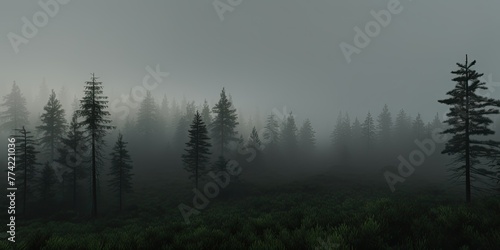 A murky  fog-filled forest enveloped in darkness.