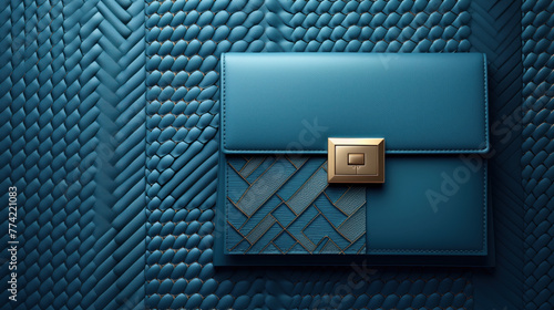 Luxurious designer clutch in blue with intricate textures and a golden clasp on a matching patterned background.