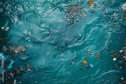 Dynamic underwater scene capturing the chaotic movement of water and scattered debris illuminated by light..