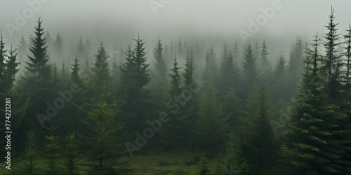 The dense forest is obscured by a veil of fog, creating an ominous ambiance.