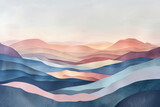Vibrant abstract art of layered mountain shapes with a textured, multi-colored palette and sunset background.