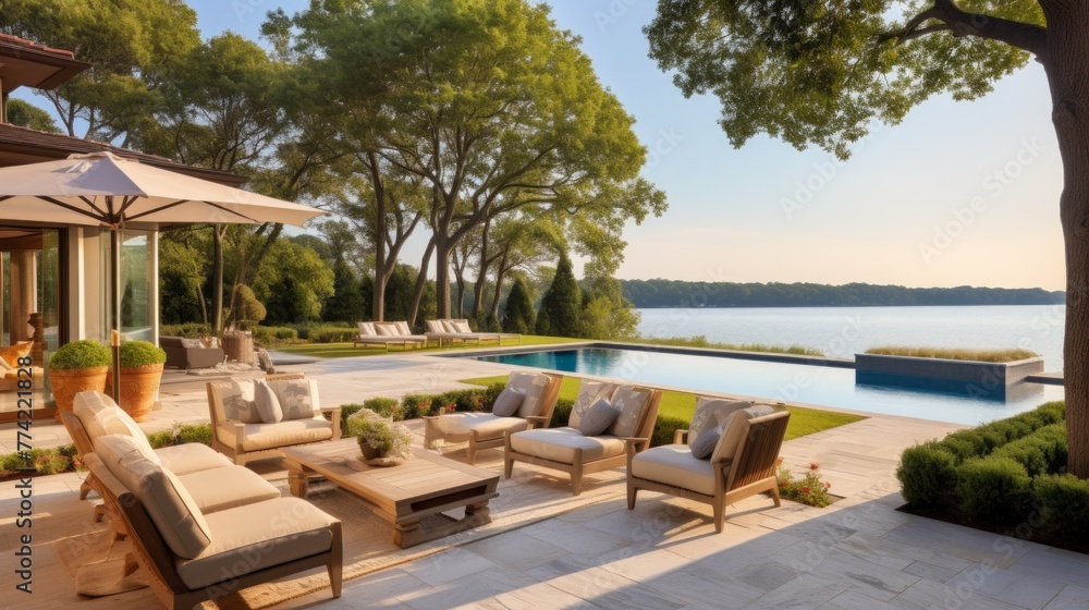 Mediterranean inspired villa with a sprawling garden and a private beach access in the exclusive Hamptons, New York