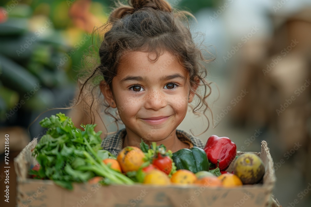 Young girl holding a box full of colorful fresh vegetables and smiling