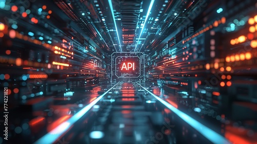 The artwork should showcase the letters API displayed in the center, surrounded by luminous lines, against a futuristic, abstract technologyinspired backdrop , clean sharp focus photo