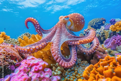 A large octopus is swimming in a colorful coral reef