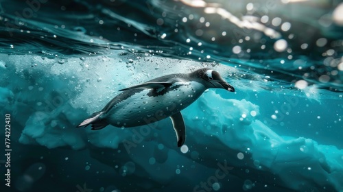 A penguin is swimming in the ocean
