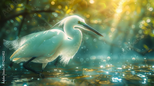 An elegant egret stands serenely in shimmering waters  bathed in the golden light filtering through a leafy canopy..