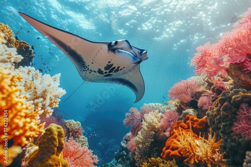 A large stingray is swimming through a colorful coral reef photo