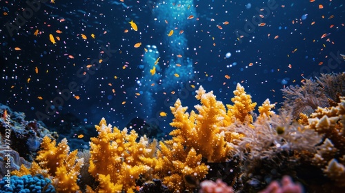 A beautiful underwater scene with a large yellow plant and many fish